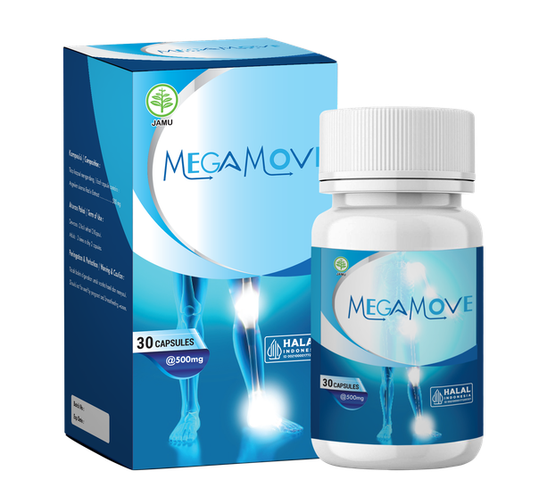 Kemasan produk suplemen Megamove untuk mendukung mobilitas sendi harian